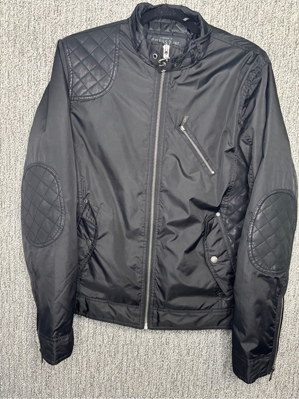Guess? Inc Men’s Black Faux-Leather Quilted-Panel Bomber Nylon Moto Jacket